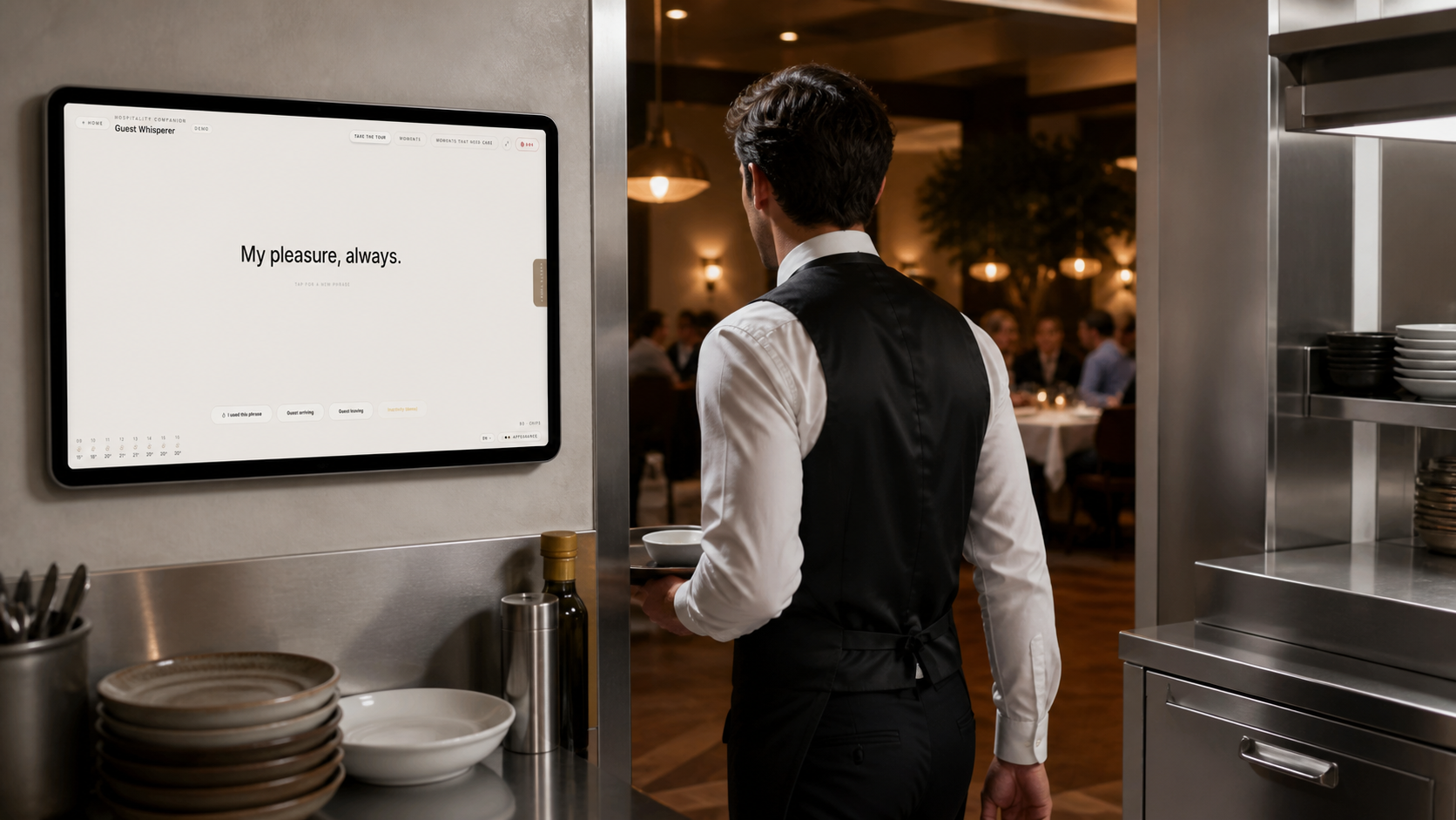 A waiter beside a Guest Whisperer tablet, ready to welcome guests.