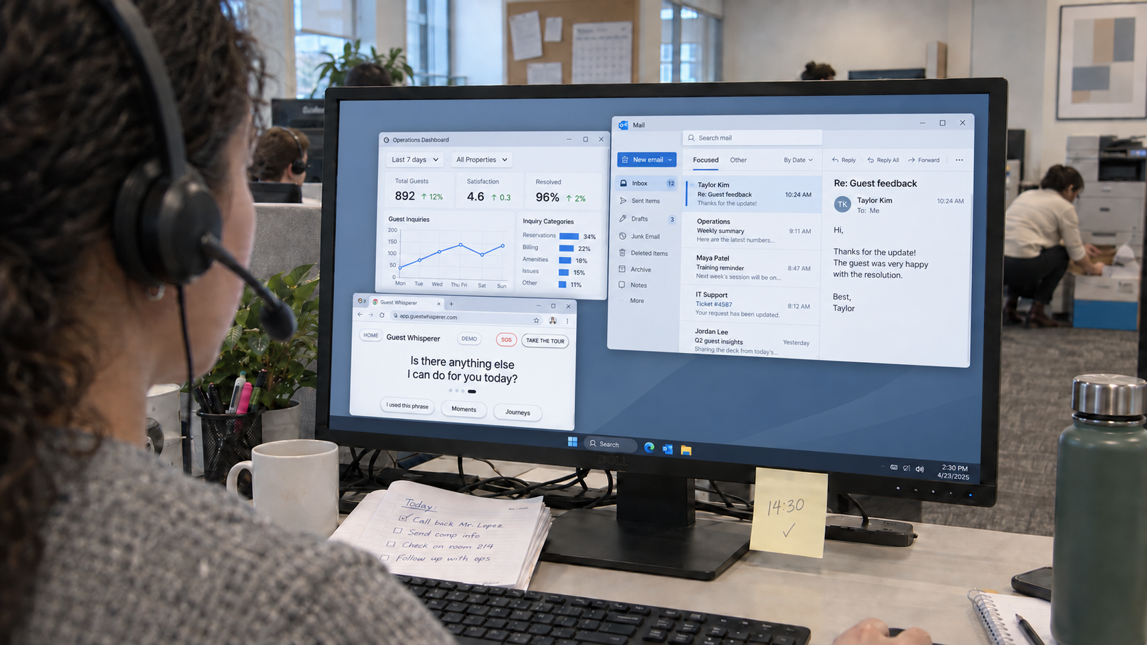 A contact-centre colleague wearing a headset, with a Guest Whisperer screen showing the right phrase for the guest moment on her desk.